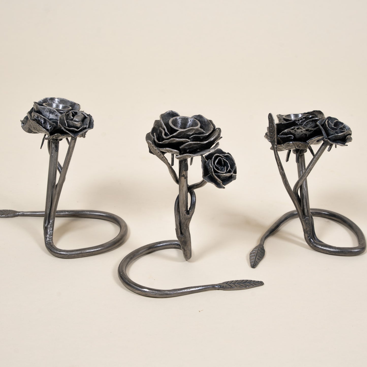 Set of Three Hand Forged Rose Candle Holders